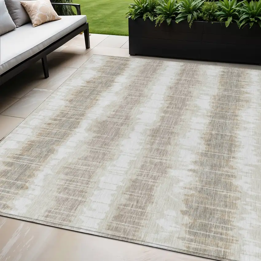 Ivory Beige And Taupe Striped Washable Indoor Outdoor Area Rug Photo 1