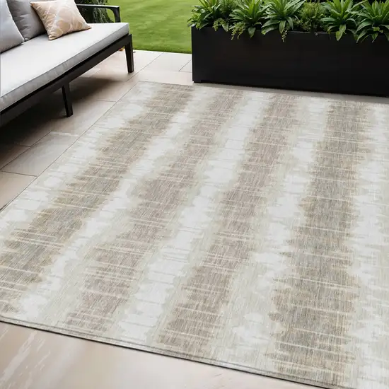 Ivory Beige And Taupe Striped Washable Indoor Outdoor Area Rug Photo 1