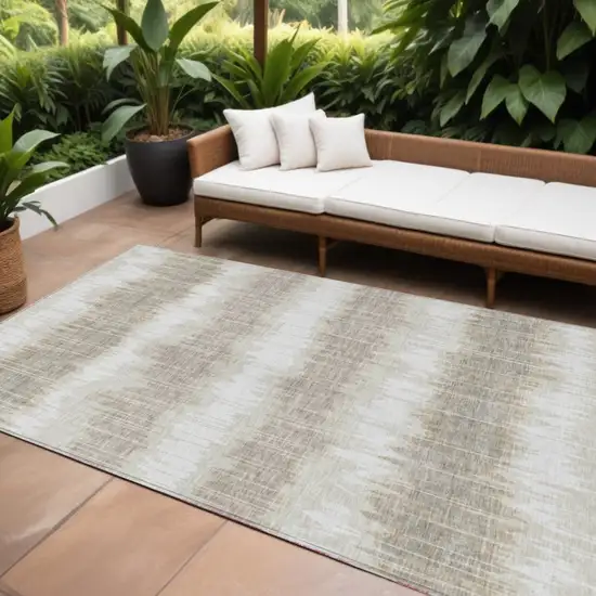 Ivory Beige And Taupe Striped Washable Indoor Outdoor Area Rug Photo 1