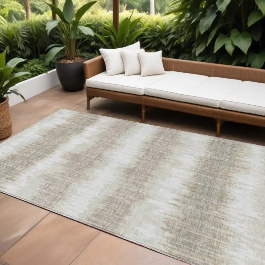 Ivory Beige And Taupe Striped Washable Indoor Outdoor Area Rug Photo 1