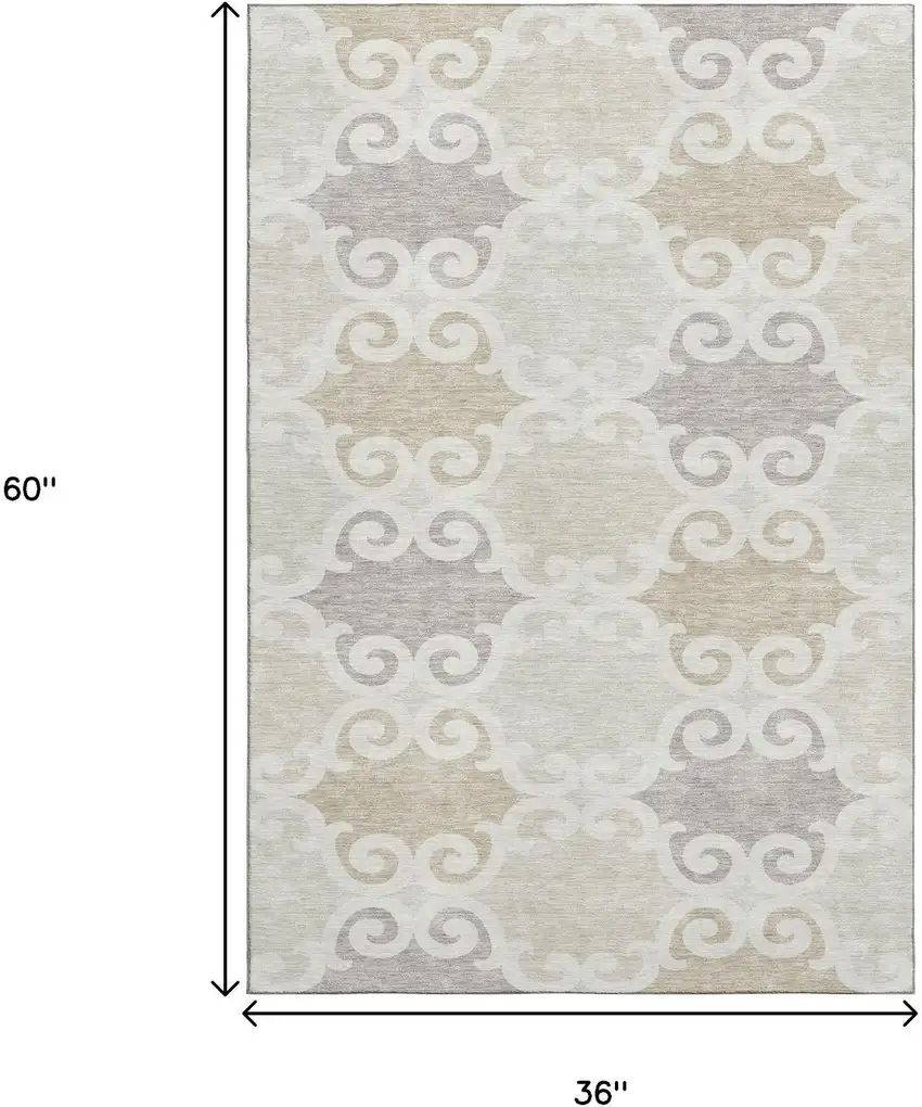Ivory Beige And Taupe Trellis Washable Area Rug With UV Protection Photo 3