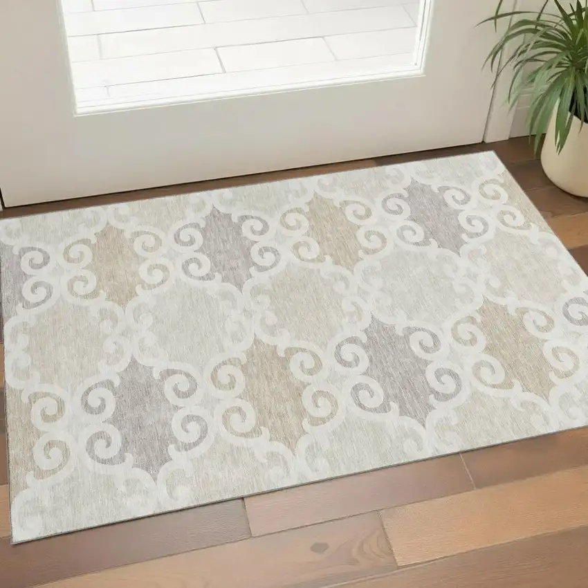 Ivory Beige And Taupe Trellis Washable Area Rug With UV Protection Photo 1