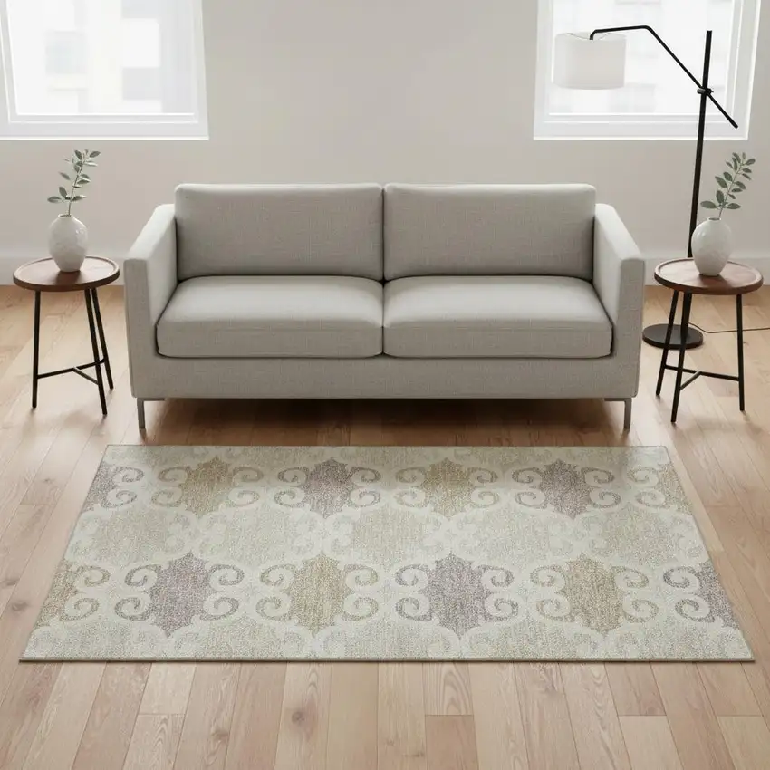 Ivory Beige And Taupe Trellis Washable Area Rug With UV Protection Photo 2