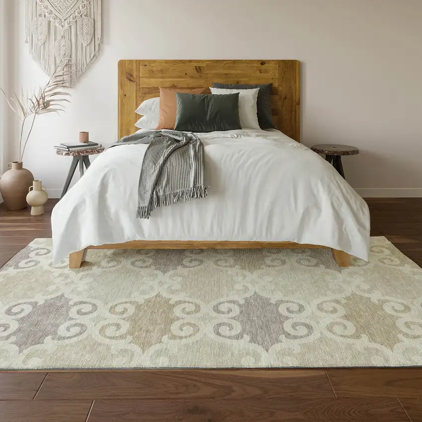 Ivory Beige And Taupe Trellis Washable Area Rug With UV Protection Photo 5