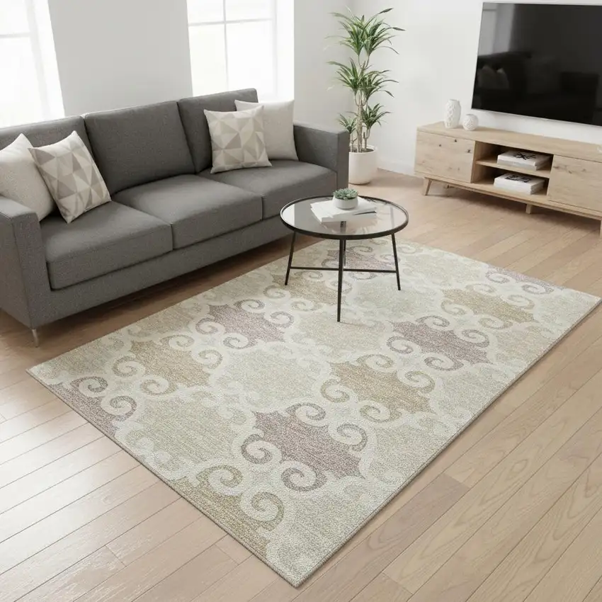 Ivory Beige And Taupe Trellis Washable Area Rug With UV Protection Photo 2