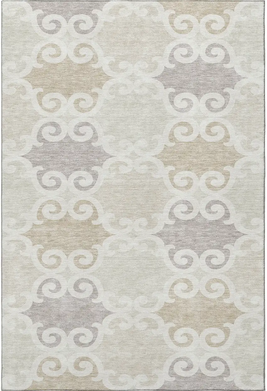 Ivory Beige And Taupe Trellis Washable Area Rug With UV Protection Photo 4