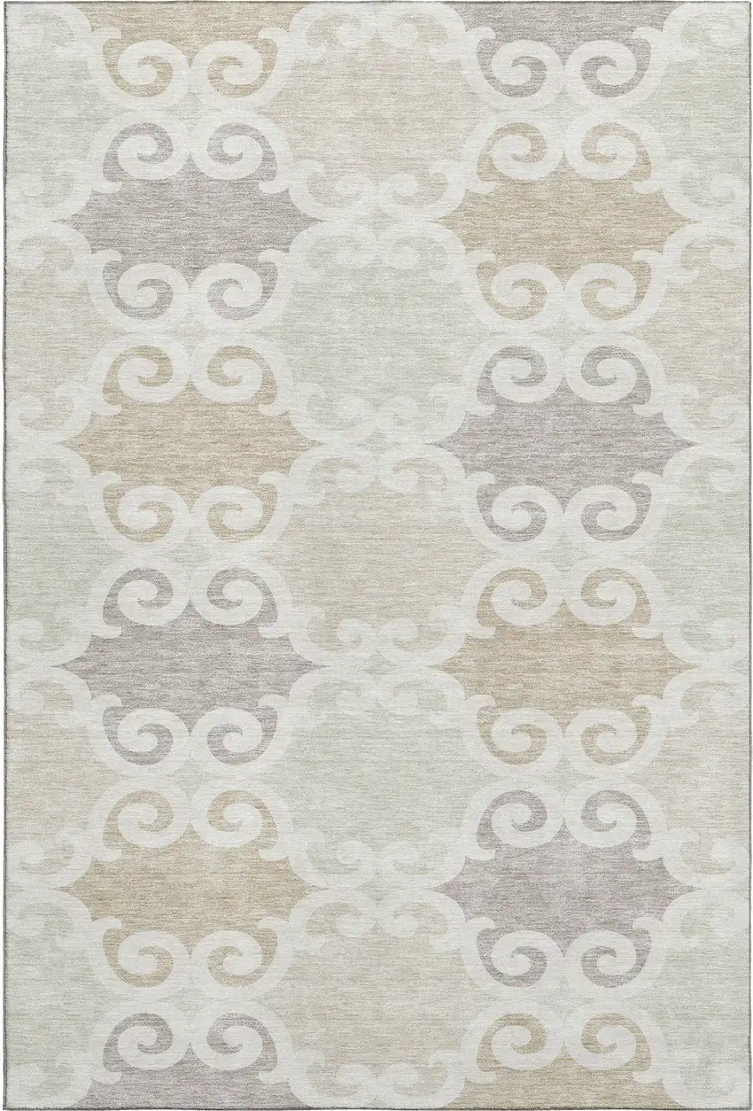 Ivory Beige And Taupe Trellis Washable Area Rug With UV Protection Photo 1
