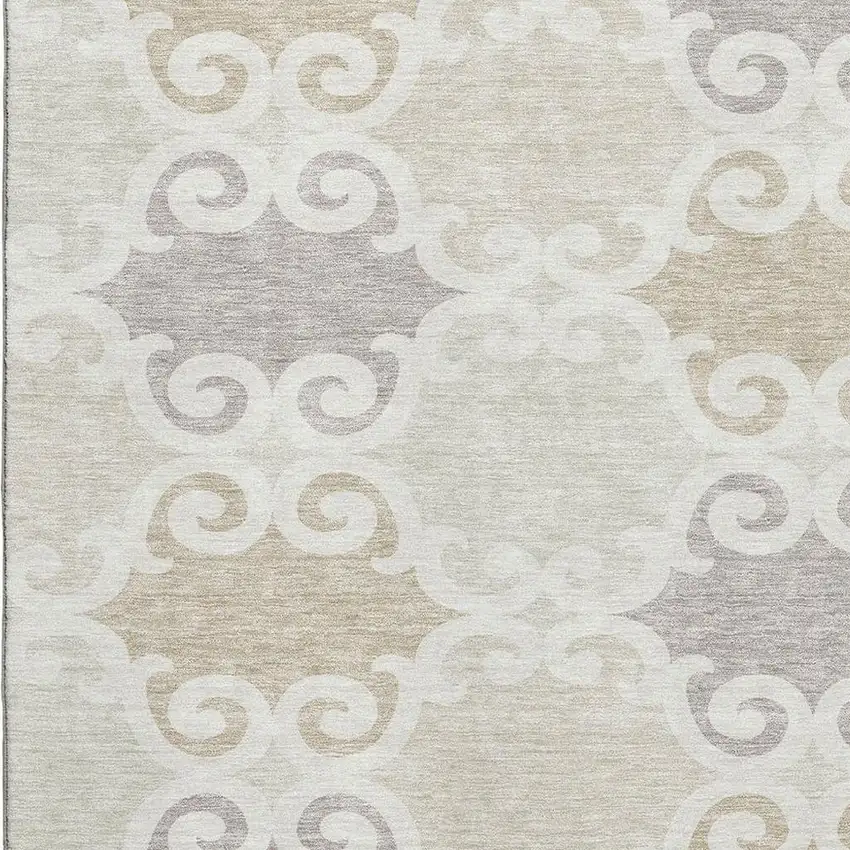 Ivory Beige And Taupe Trellis Washable Area Rug With UV Protection Photo 3