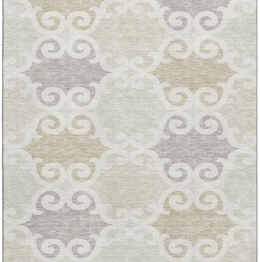 Ivory Beige And Taupe Trellis Washable Area Rug With UV Protection Photo 4