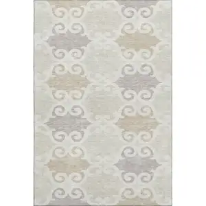 Photo of Ivory Beige And Taupe Trellis Washable Area Rug With UV Protection