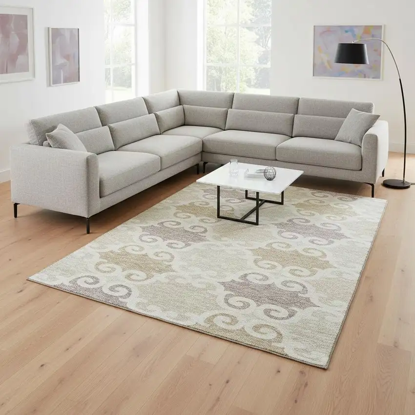 Ivory Beige And Taupe Trellis Washable Area Rug With UV Protection Photo 2