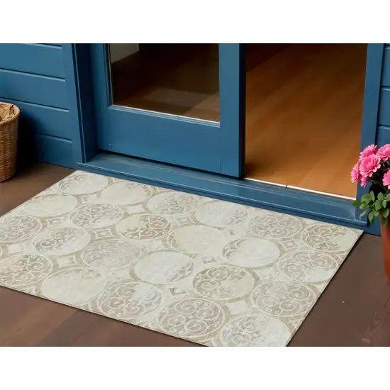 Ivory Beige And Taupe Trellis Washable Indoor Outdoor Area Rug Photo 1