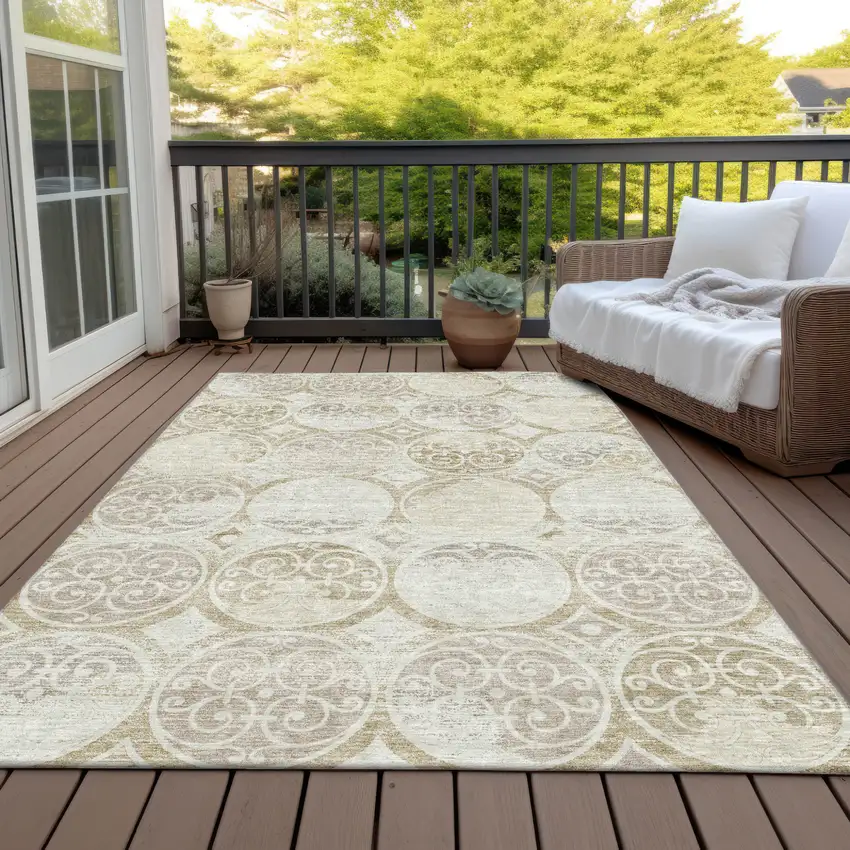 Ivory Beige And Taupe Trellis Washable Indoor Outdoor Area Rug Photo 6