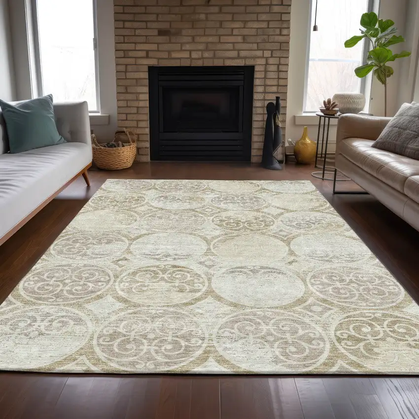 Ivory Beige And Taupe Trellis Washable Indoor Outdoor Area Rug Photo 6