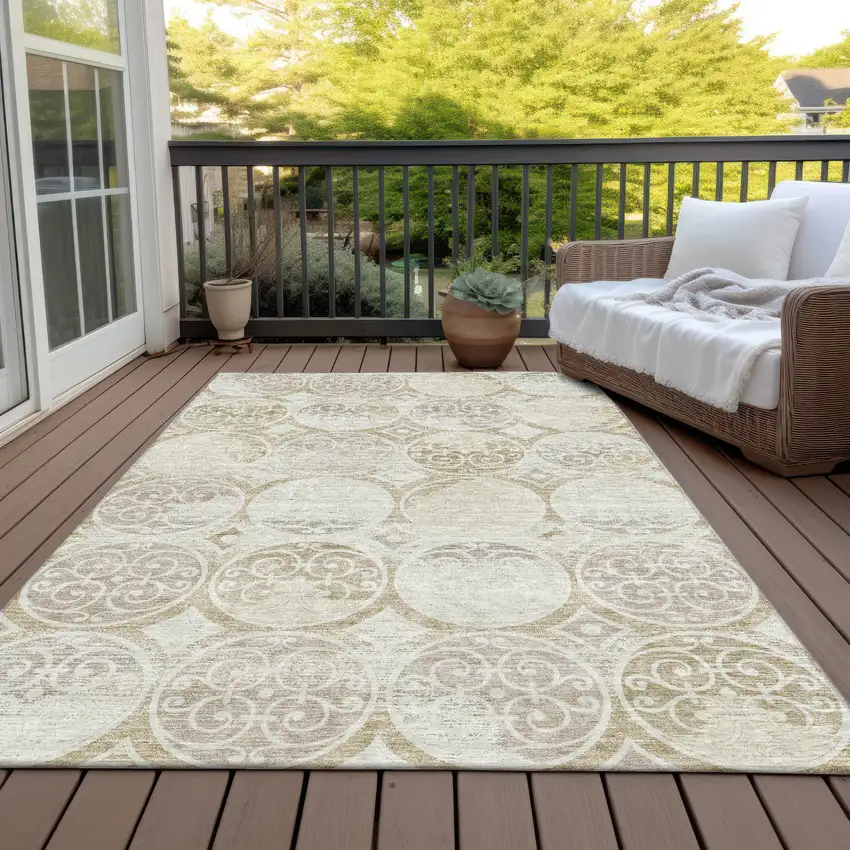 Ivory Beige And Taupe Trellis Washable Indoor Outdoor Area Rug Photo 5