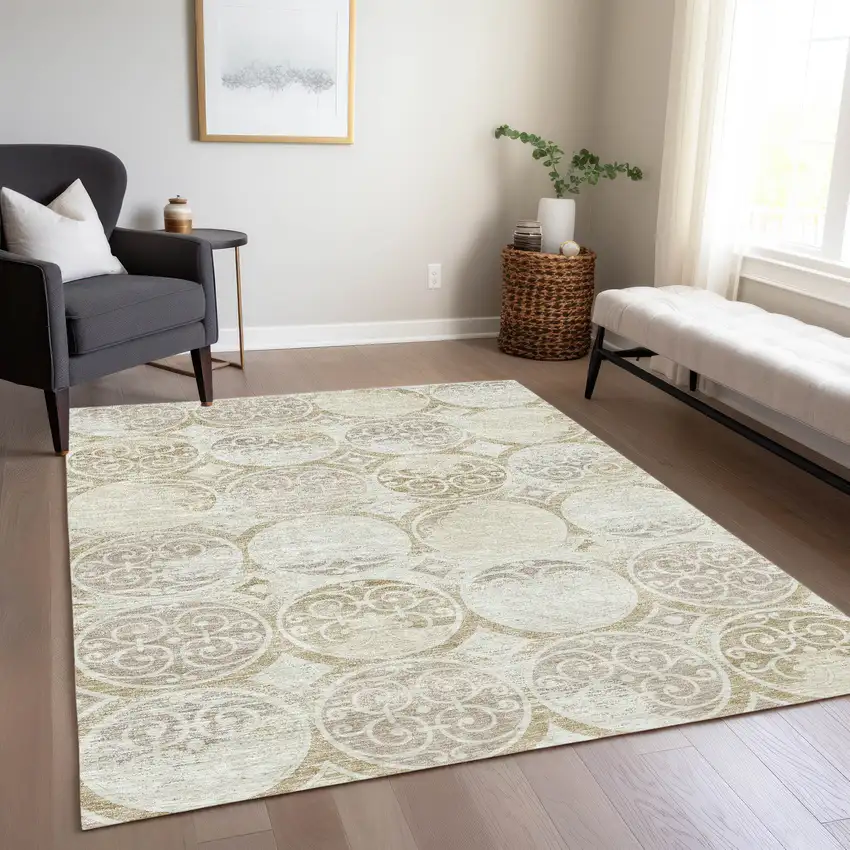 Ivory Beige And Taupe Trellis Washable Indoor Outdoor Area Rug Photo 7