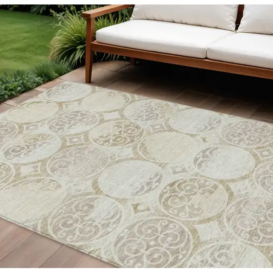 Ivory Beige And Taupe Trellis Washable Indoor Outdoor Area Rug Photo 1