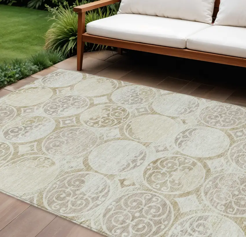 Ivory Beige And Taupe Trellis Washable Indoor Outdoor Area Rug Photo 1