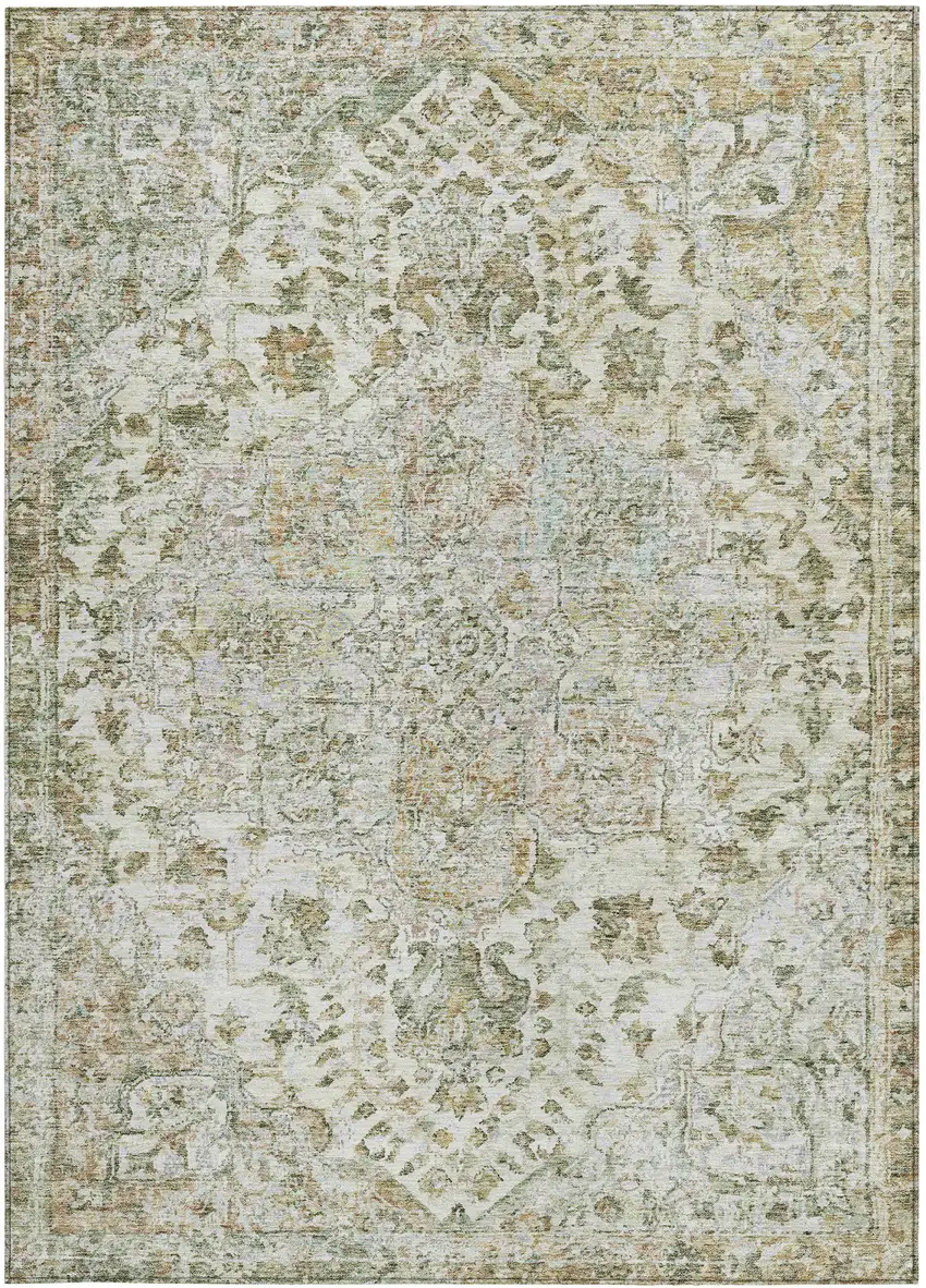 Ivory Beige And Wheat Floral Medallion Washable Indoor Outdoor Area Rug Photo 3