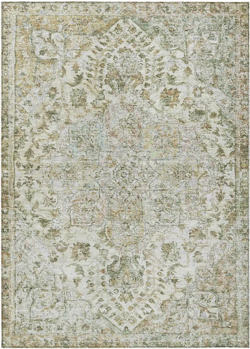 Ivory Beige And Wheat Floral Medallion Washable Indoor Outdoor Area Rug Photo 1