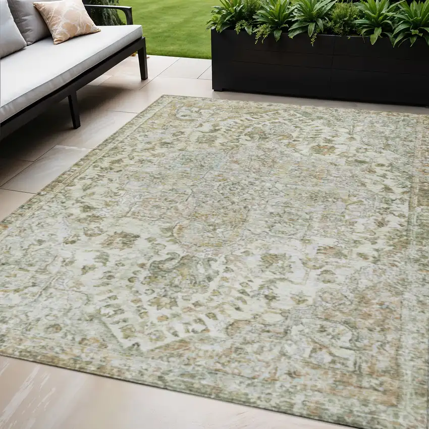 Ivory Beige And Wheat Floral Medallion Washable Indoor Outdoor Area Rug Photo 2