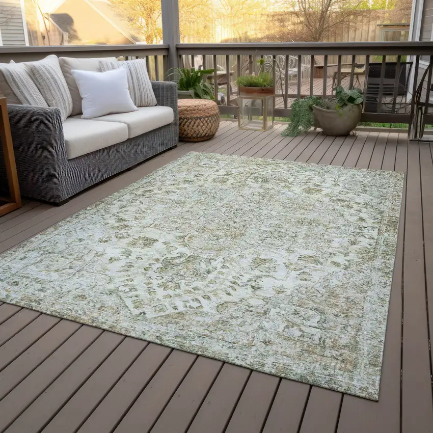 Ivory Beige And Wheat Floral Medallion Washable Indoor Outdoor Area Rug Photo 8