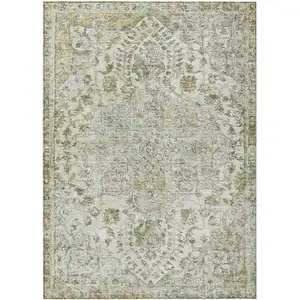 Photo of Ivory Beige And Wheat Floral Medallion Washable Indoor Outdoor Area Rug