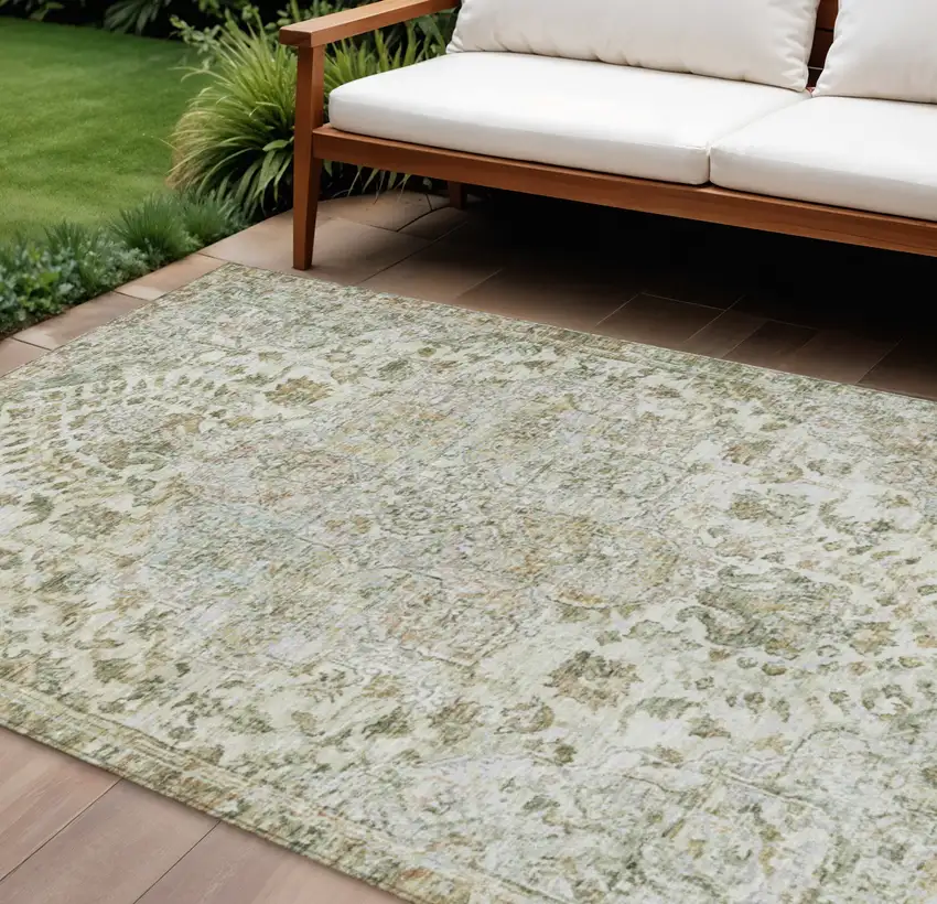 Ivory Beige And Wheat Floral Medallion Washable Indoor Outdoor Area Rug Photo 2