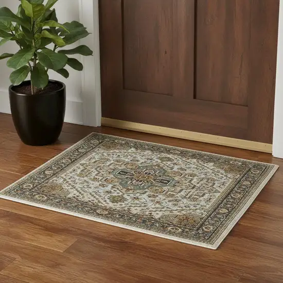 Ivory Beige Blue Orange Gold Green Grey And Rust Oriental Power Loom Stain Resistant Area Rug With Fringe Photo 1