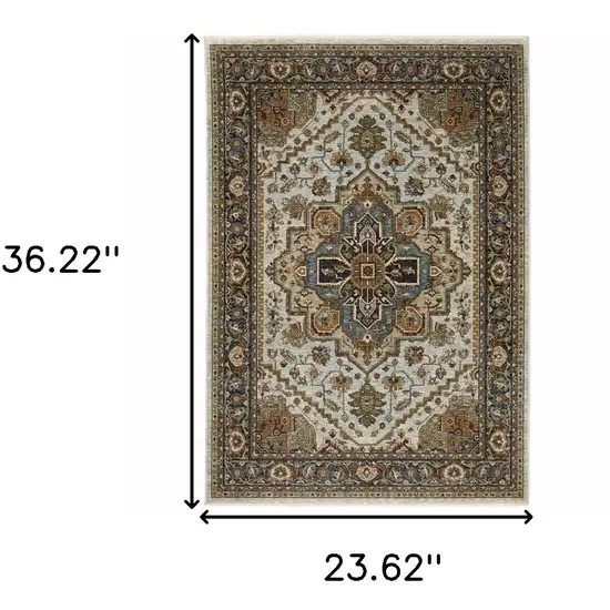 Ivory Beige Blue Orange Gold Green Grey And Rust Oriental Power Loom Stain Resistant Area Rug With Fringe Photo 3