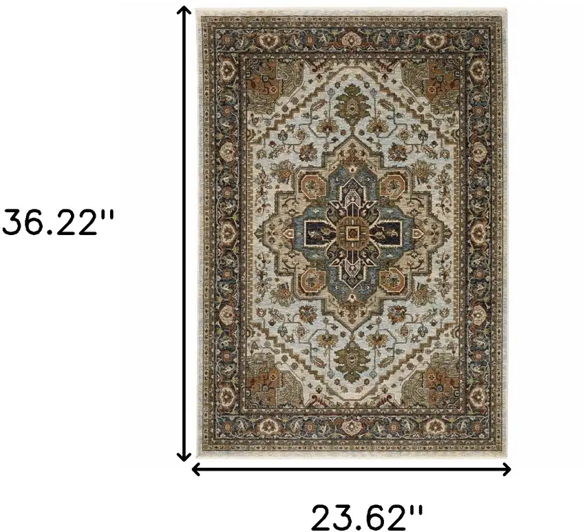 Ivory Beige Blue Orange Gold Green Grey And Rust Oriental Power Loom Stain Resistant Area Rug With Fringe Photo 3