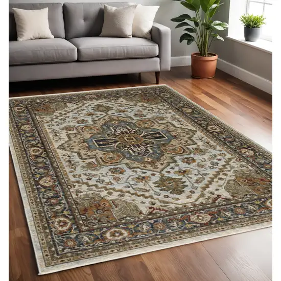 Ivory And Blue Oriental Area Rug With Fringe Photo 1
