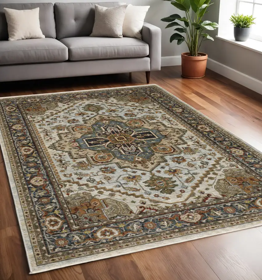 Ivory And Blue Oriental Area Rug With Fringe Photo 1