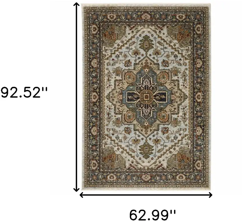 Ivory And Blue Oriental Area Rug With Fringe Photo 3
