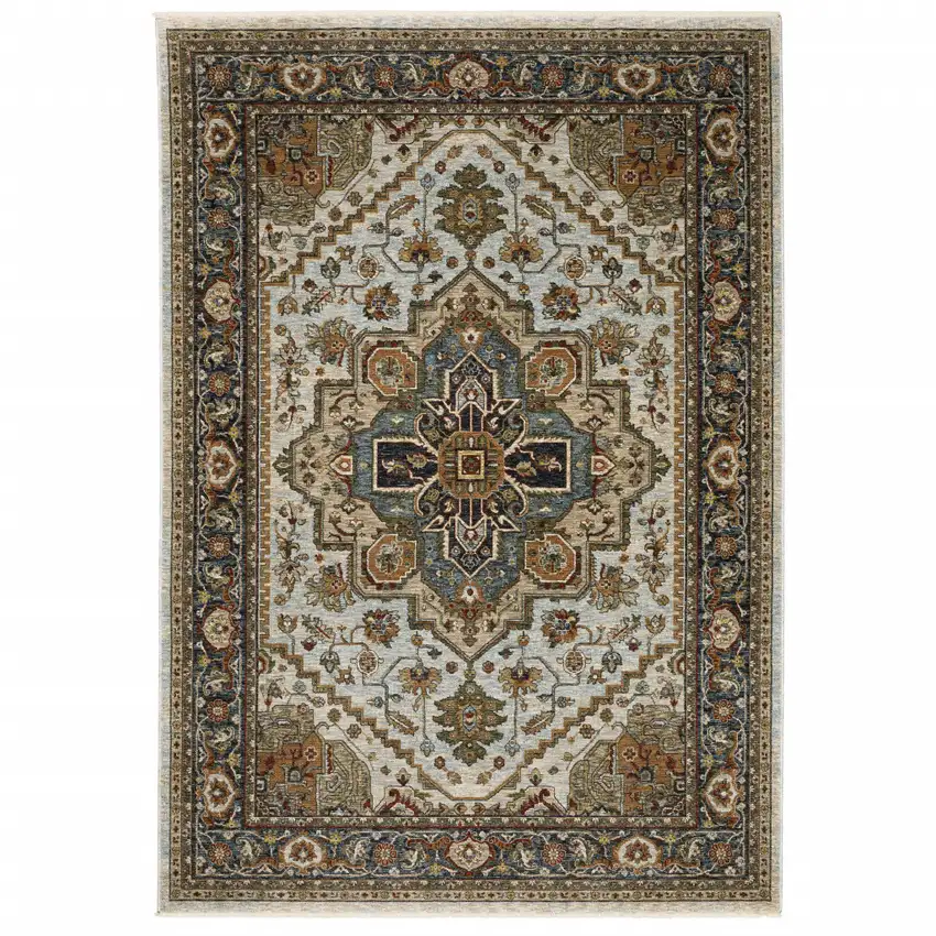 Ivory Beige Blue Orange Gold Green Grey And Rust Oriental Power Loom Stain Resistant Area Rug With Fringe Photo 1