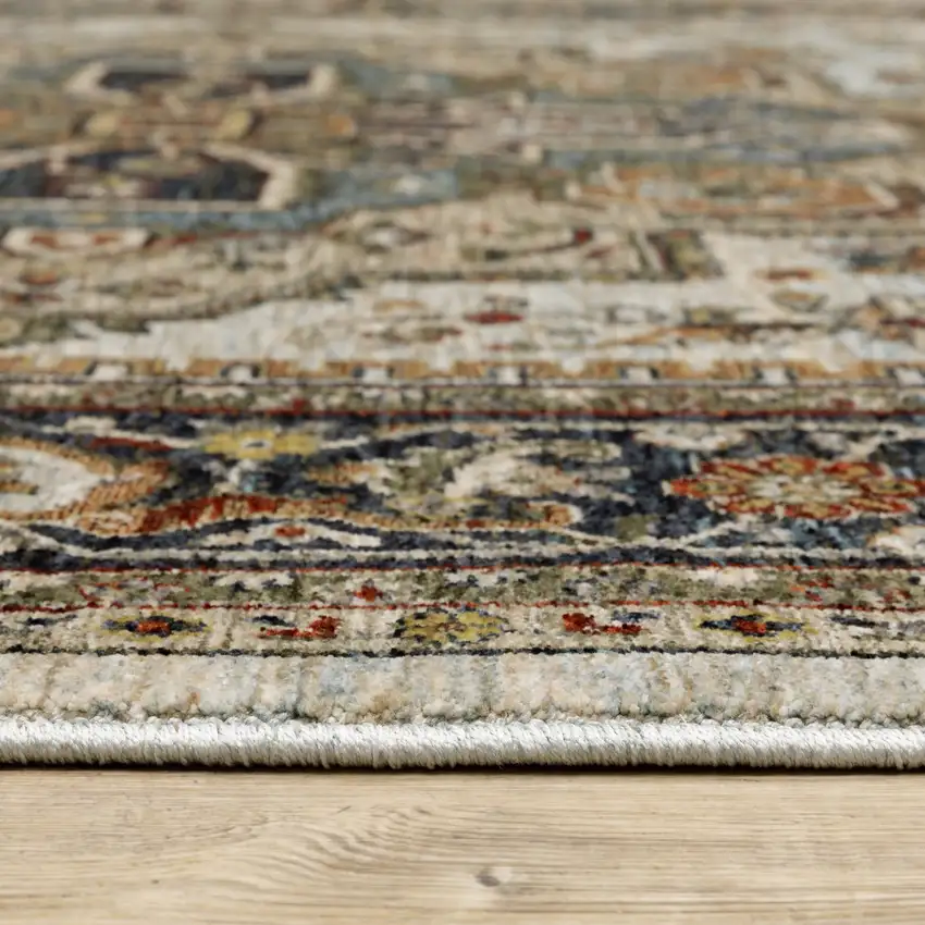 Ivory And Blue Oriental Area Rug With Fringe Photo 4