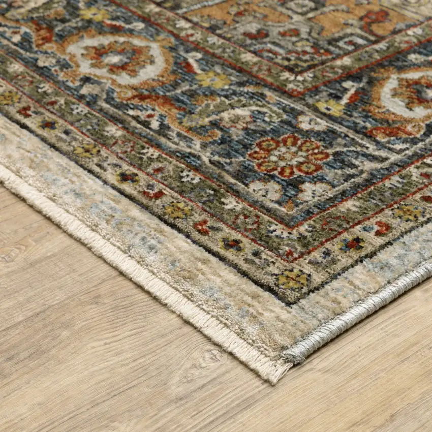 Ivory And Blue Oriental Area Rug With Fringe Photo 6