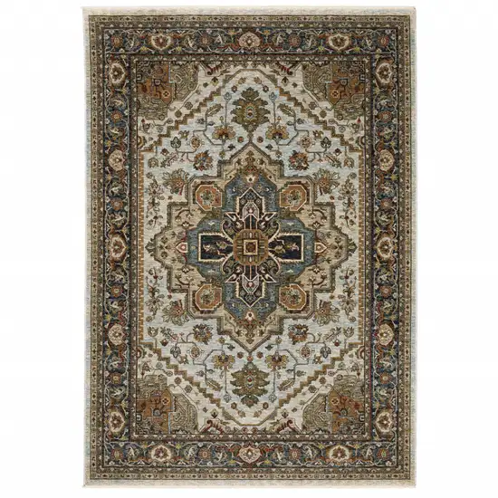 Ivory And Blue Oriental Area Rug With Fringe Photo 2