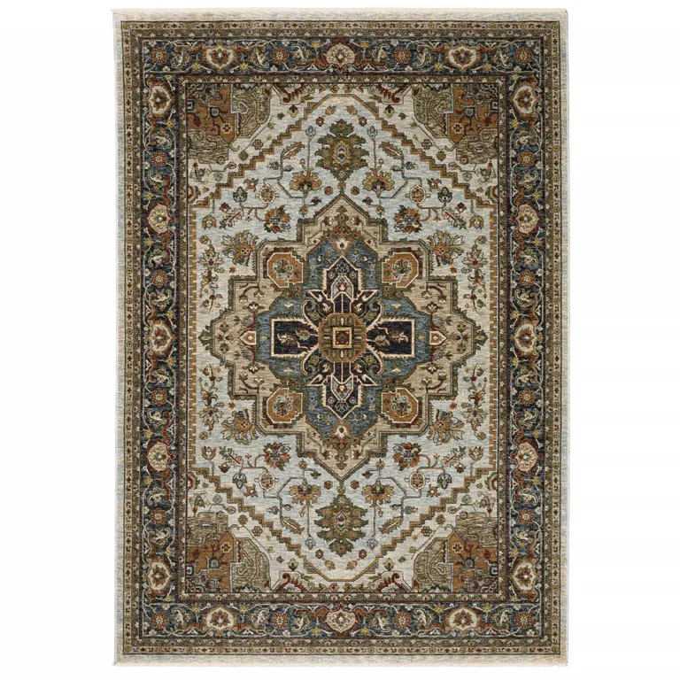 Ivory Beige Blue Orange Gold Green Grey And Rust Oriental Power Loom Stain Resistant Area Rug With Fringe Photo 2