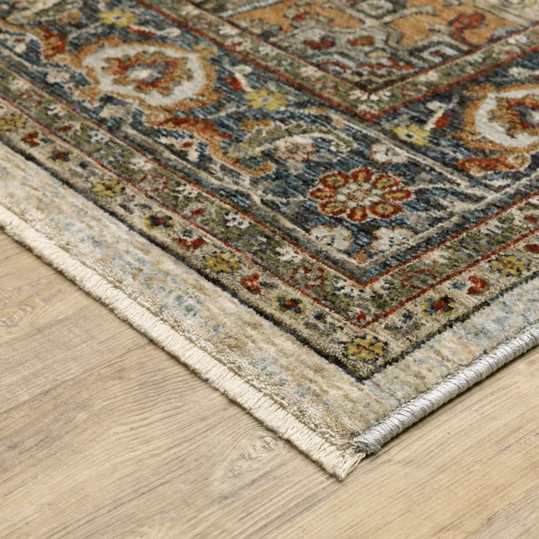 Ivory Beige Blue Orange Gold Green Grey And Rust Oriental Power Loom Stain Resistant Area Rug With Fringe Photo 5