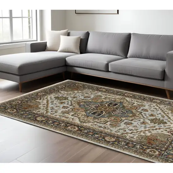 Ivory And Blue Oriental Area Rug With Fringe Photo 1