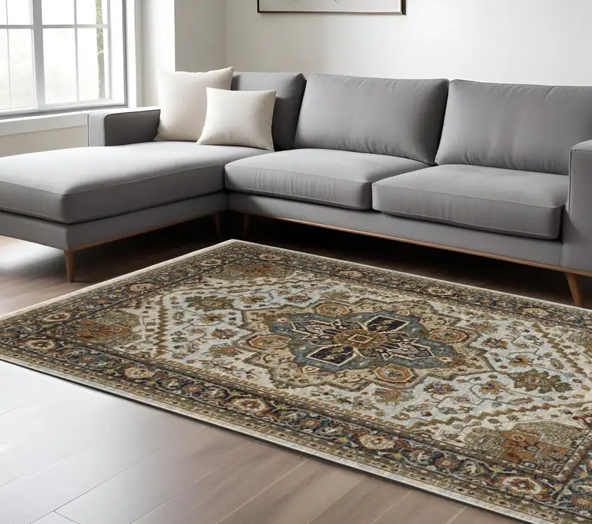 Ivory And Blue Oriental Area Rug With Fringe Photo 1
