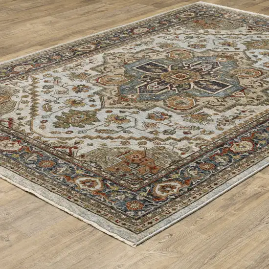 Ivory And Blue Oriental Area Rug With Fringe Photo 7