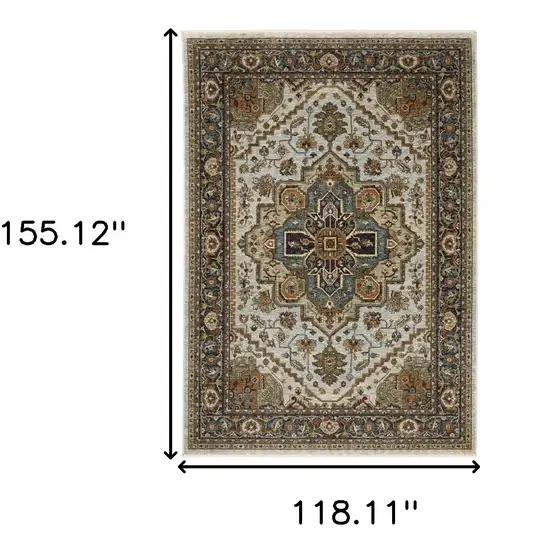 Ivory Beige Blue Orange Gold Green Grey And Rust Oriental Power Loom Stain Resistant Area Rug With Fringe Photo 3