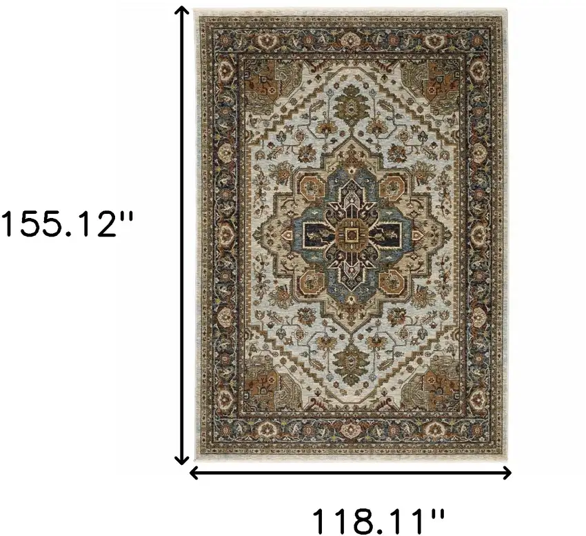Ivory Beige Blue Orange Gold Green Grey And Rust Oriental Power Loom Stain Resistant Area Rug With Fringe Photo 3
