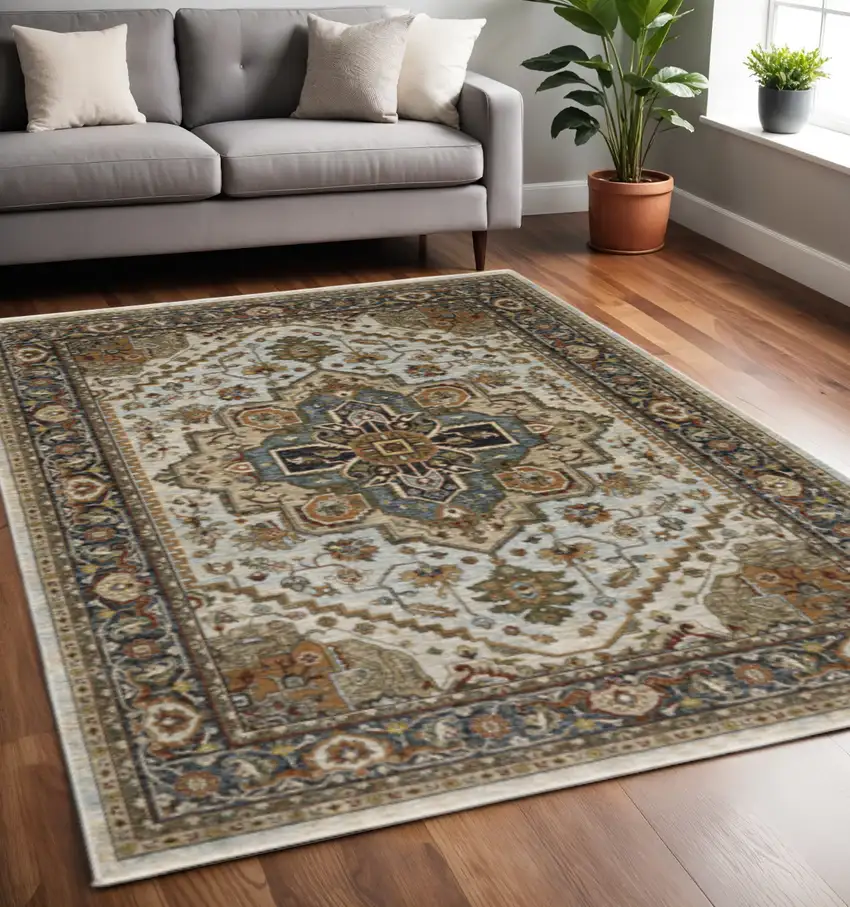 Ivory Beige Blue Orange Gold Green Grey And Rust Oriental Power Loom Stain Resistant Area Rug With Fringe Photo 1