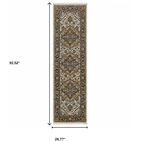 2' X 8' Ivory Beige Blue Orange Gold Green Grey And Rust Oriental Power Loom Stain Resistant Runner Rug With Fringe Photo 3