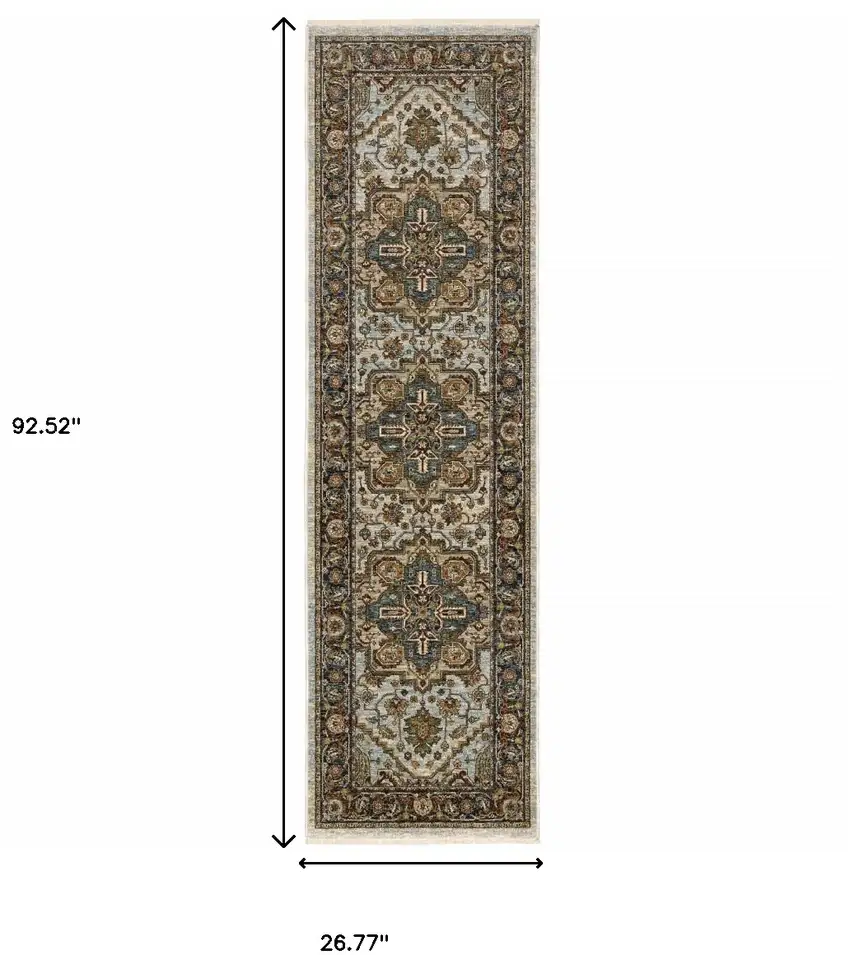 2' X 8' Ivory Beige Blue Orange Gold Green Grey And Rust Oriental Power Loom Stain Resistant Runner Rug With Fringe Photo 3