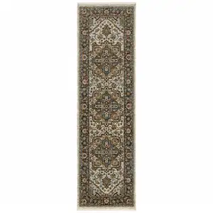Photo of Ivory Beige Blue Orange Gold Green Grey And Rust Oriental Power Loom Stain Resistant Runner Rug With Fringe