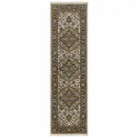 Photo of Ivory Beige Blue Orange Gold Green Grey And Rust Oriental Power Loom Stain Resistant Runner Rug With Fringe